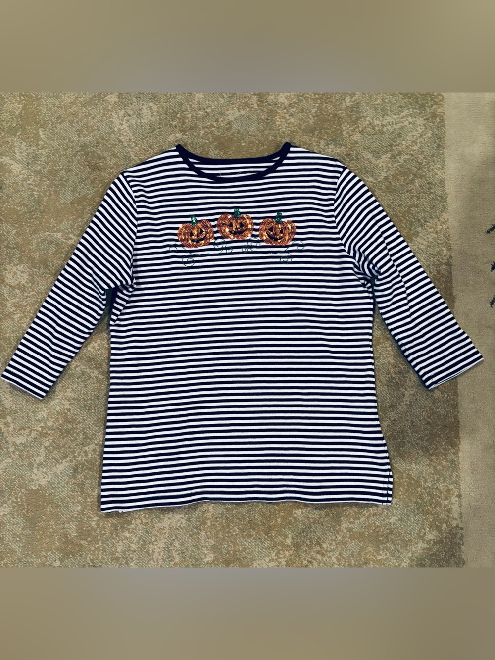 Coral Bay Halloween Pumpkin Sequin Striped 3/4 Sleeve Top Women M